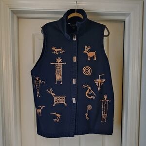 Fun & cozy rock art themed vest by "bfofo designs, Canada "Size large. 90s